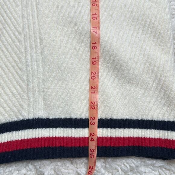 Tommy Hilfiger White Cream Texture Fuzzy Sweater Navy Red Detailing Wool Blend - Picture 9 of 11